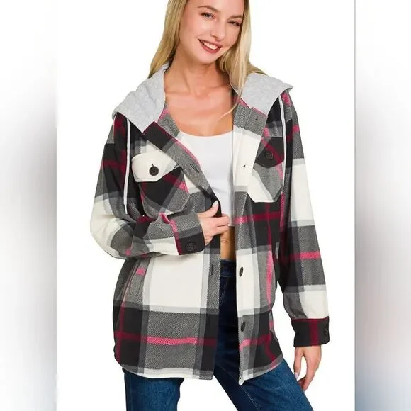 Zenana Plaid Drawstring Hooded Fleece Shacket | Cozy Button-Up Shirt Jacket | Tr - Picture 1 of 3